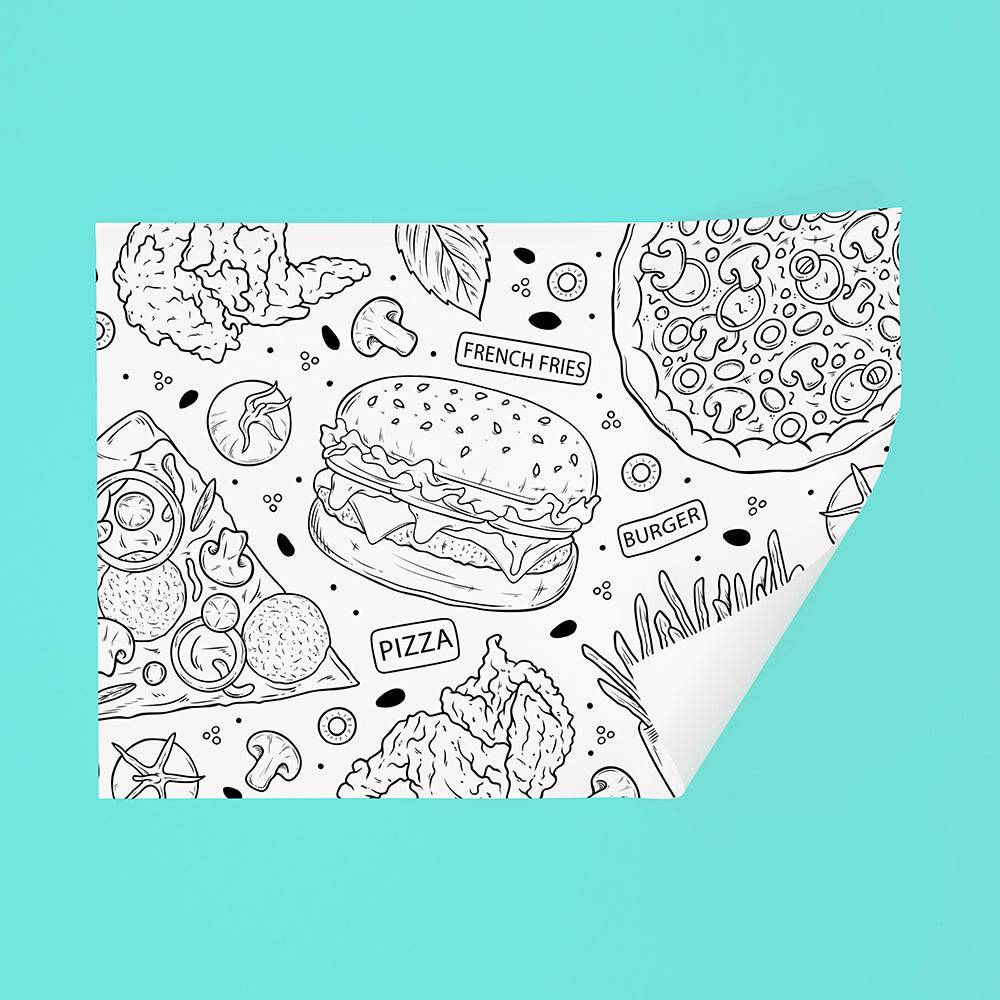 High-quality sandwich paper with black food illustrations including burgers, pizza, and fries, ideal for food packaging in take-out services.