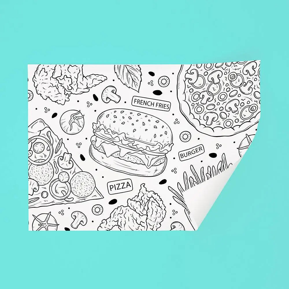 High-quality sandwich paper with black food illustrations including burgers, pizza, and fries, ideal for food packaging in take-out services.