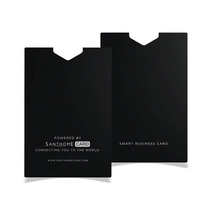 Elegant black sleeve for Digital Business NFC Card. Labeled 'Smart Business Card' for secure and stylish professional networking.