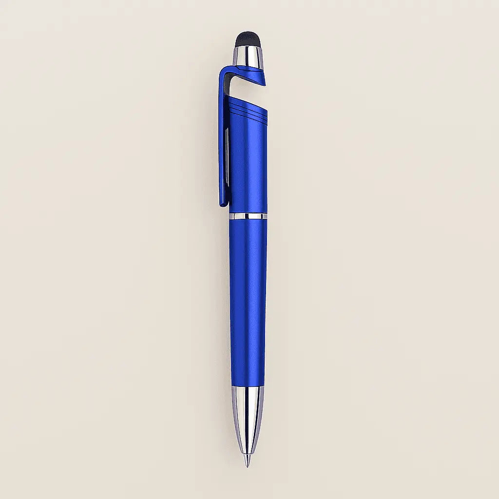 Stylus Pen with Touch Tip Blue - Metallic Stylus Pen featuring a sleek blue body, chrome accents, and dual functionality for writing and touchscreen use.