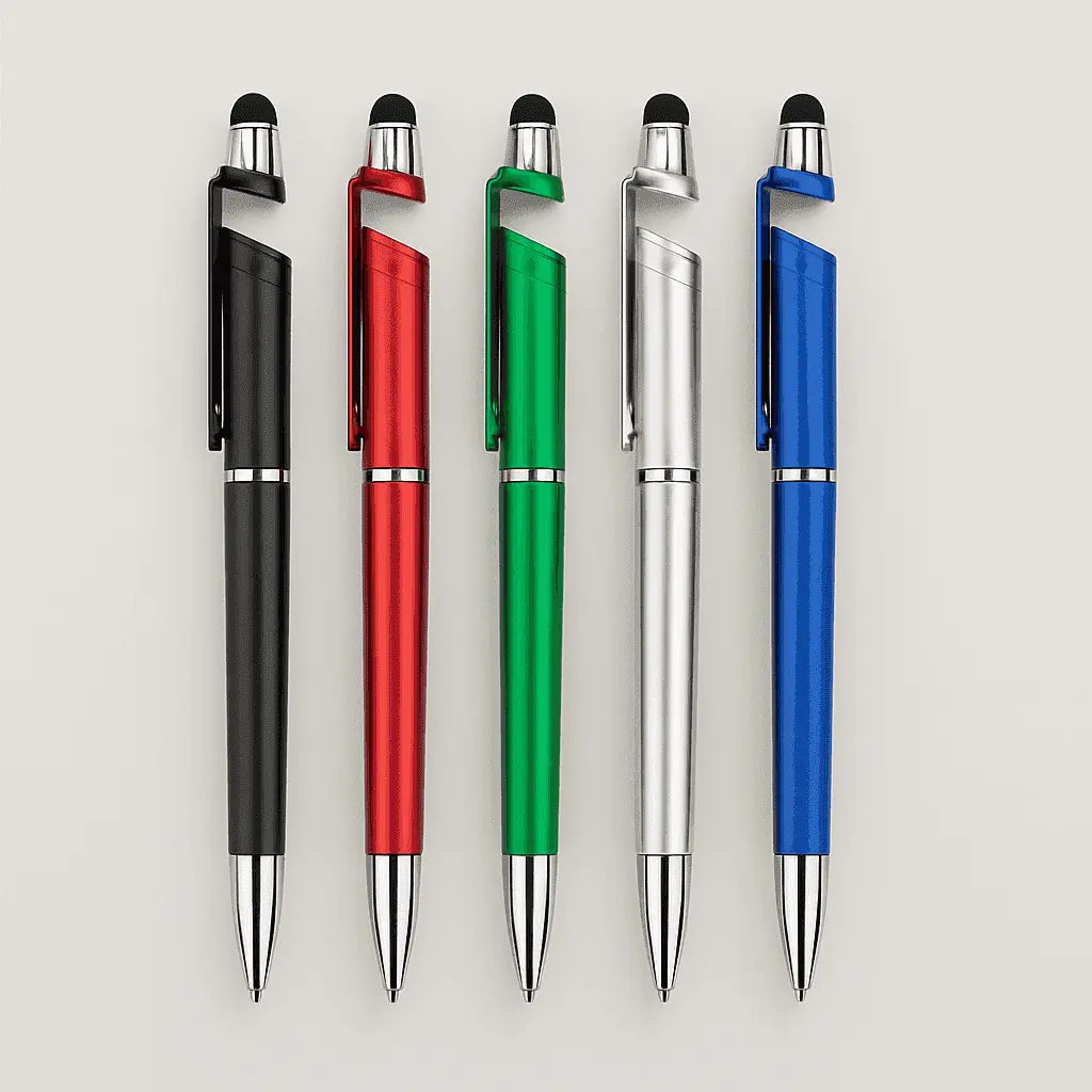 Set of five Stylus Pens With Touch Tip Silver - Multifunctional Writing Tools in black, red, green, silver, and blue, ideal for office and tech use.