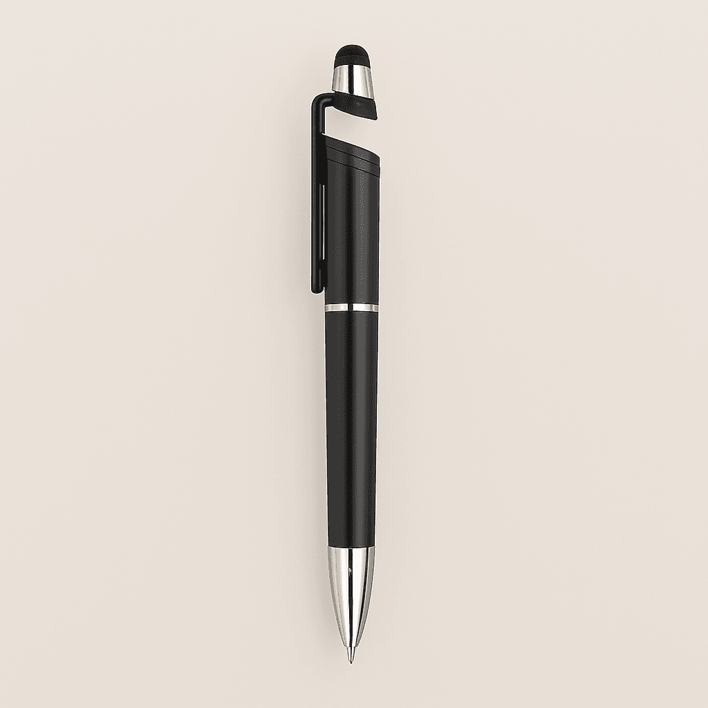 Black stylus pen with touch tip and silver accents, ideal for smooth writing and touchscreen use. Dual-function design perfect for office supplies.