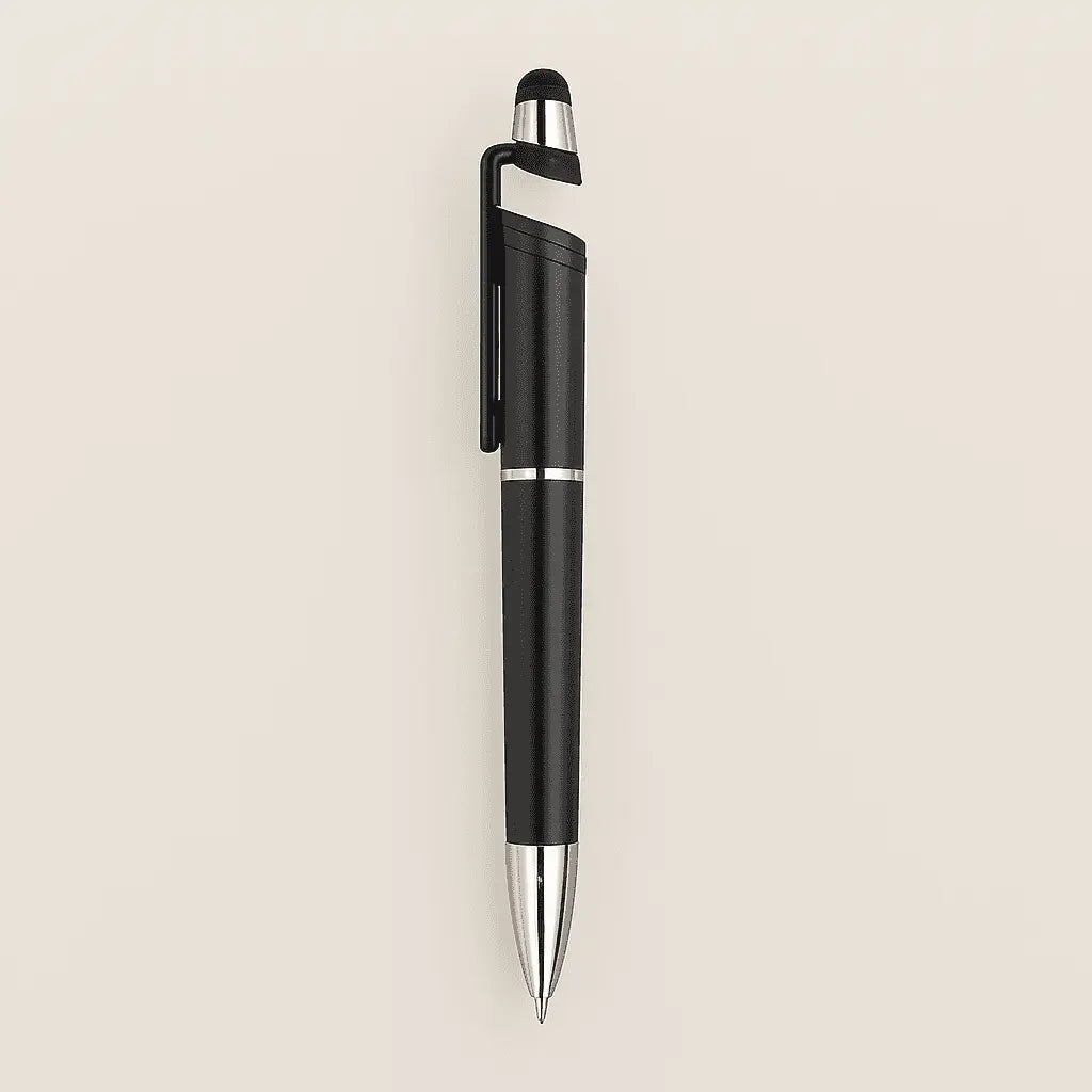 Black stylus pen with touch tip and silver accents, ideal for smooth writing and touchscreen use. Dual-function design perfect for office supplies.