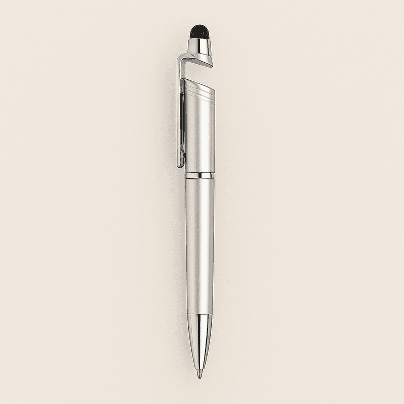 Stylus Pen With Touch Tip Silver - Multifunctional Writing Tool featuring a sleek silver body, chrome accents, and a black stylus tip for touchscreen use.