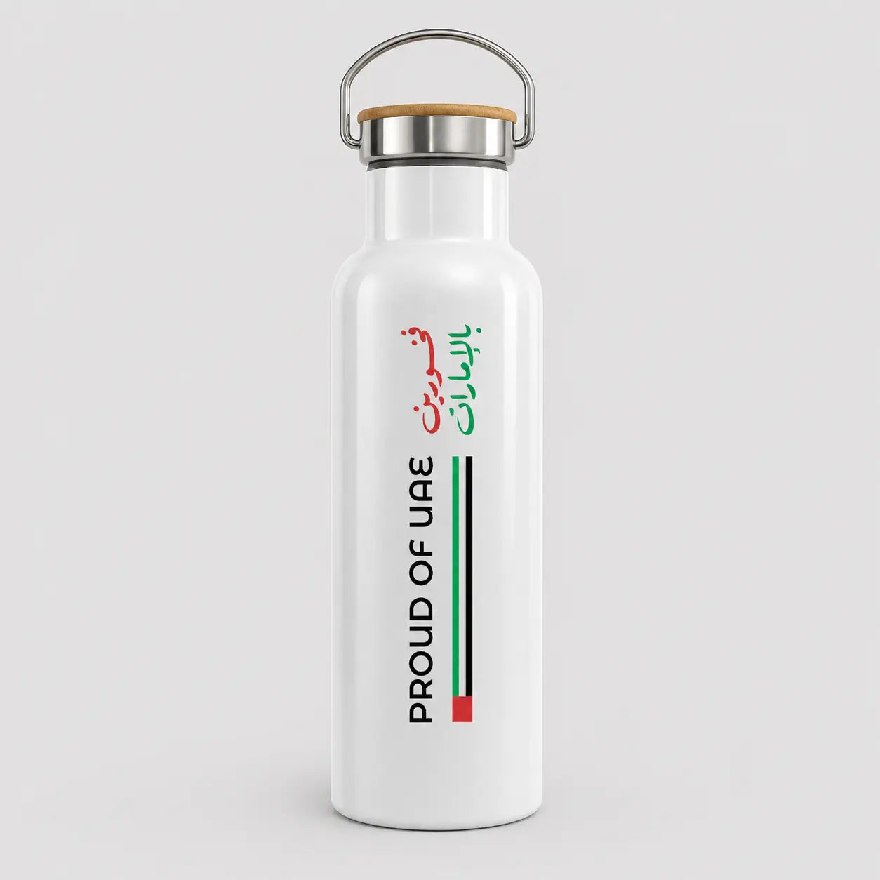 Proud of UAE SS Bamboo Flask White 600ml – 70x255mm | UAE National Day Printava