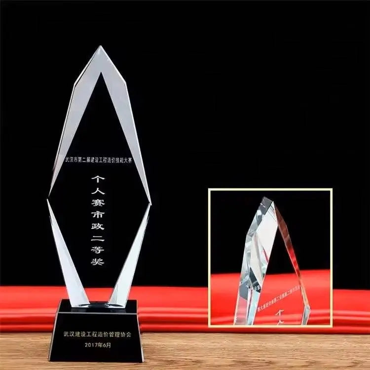 Crystal Trophy Award - Perfect for Recognizing Achievements, shown with close-up of geometric design and customizable engraving space.