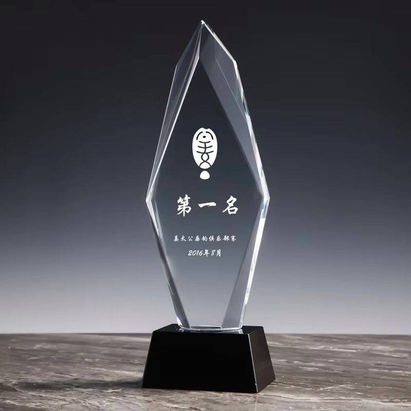Crystal Trophy Award - Perfect for Recognizing Achievements with sleek diamond-cut design and black base, ideal for top honors and competitions.