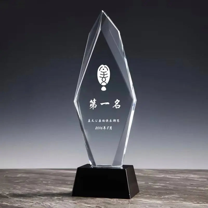 Crystal Trophy Award - Perfect for Recognizing Achievements with sleek diamond-cut design and black base, ideal for top honors and competitions.