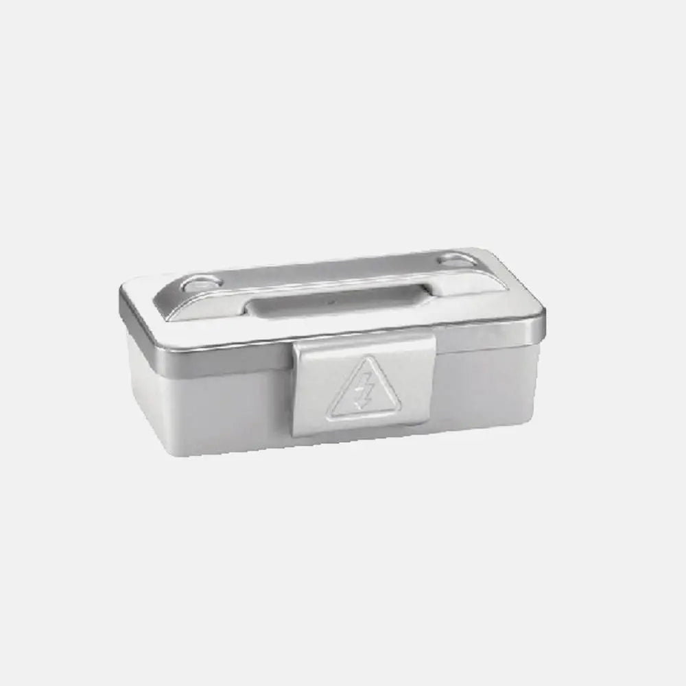 KEF Portable Powerbank 3100 mAh in silver with compact design and built-in handle. Includes 4 adaptors for Apple, micro, mini, and female USB.