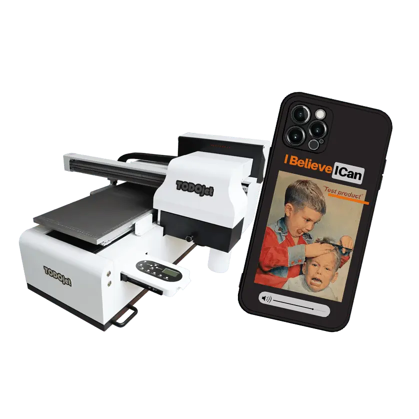 TODOjet UV 3050 printing custom design on a smartphone case, showcasing its precision and adaptability for personalized product printing.