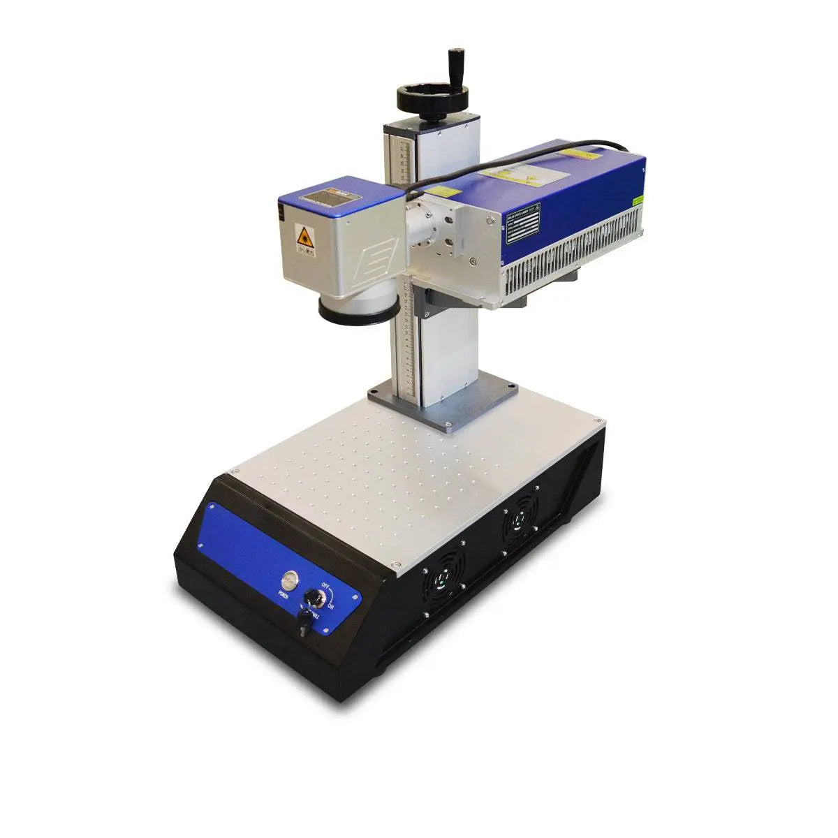 avalaser 5W UV laser engraving machine rear view showing dual cooling fans and stable base for continuous high-speed operation.
