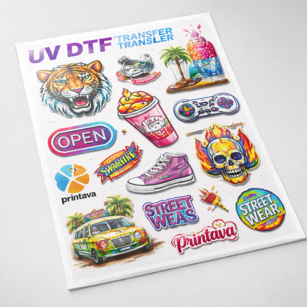 Sheet of UV DTF transfer stickers with various designs on a white background