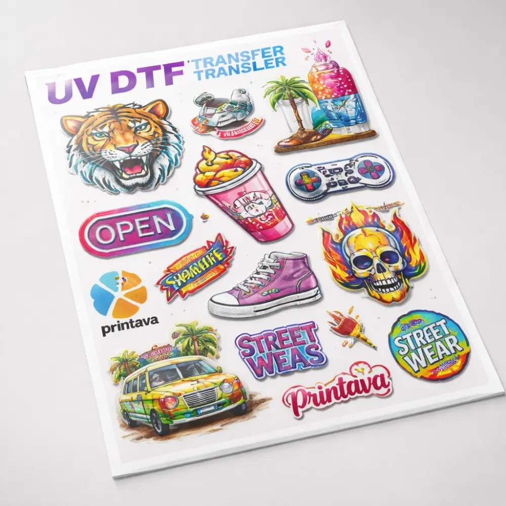 Sheet of UV DTF transfer stickers with various designs on a white background
