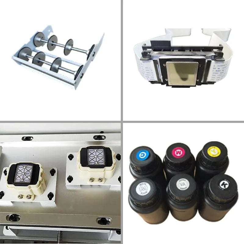 Internal components of TODOjet UV 3050 Digital UV Flatbed Printer including ink cartridges, print head, and capping station for maintenance.