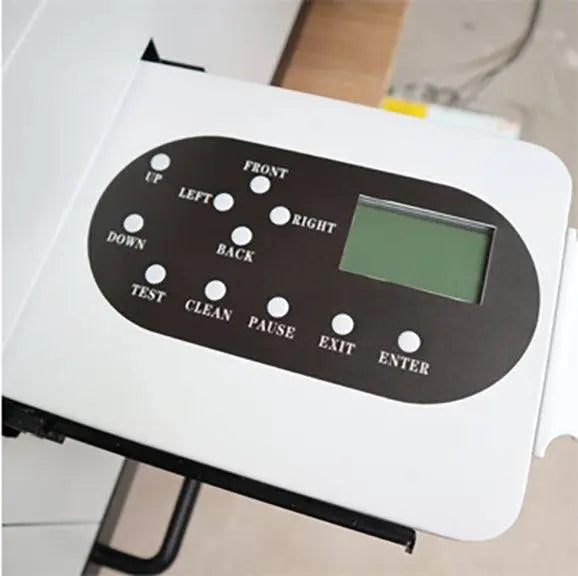 Control panel of TODOjet UV 3050 Digital UV Flatbed Printer with LCD screen and navigation buttons for easy operation and print management.