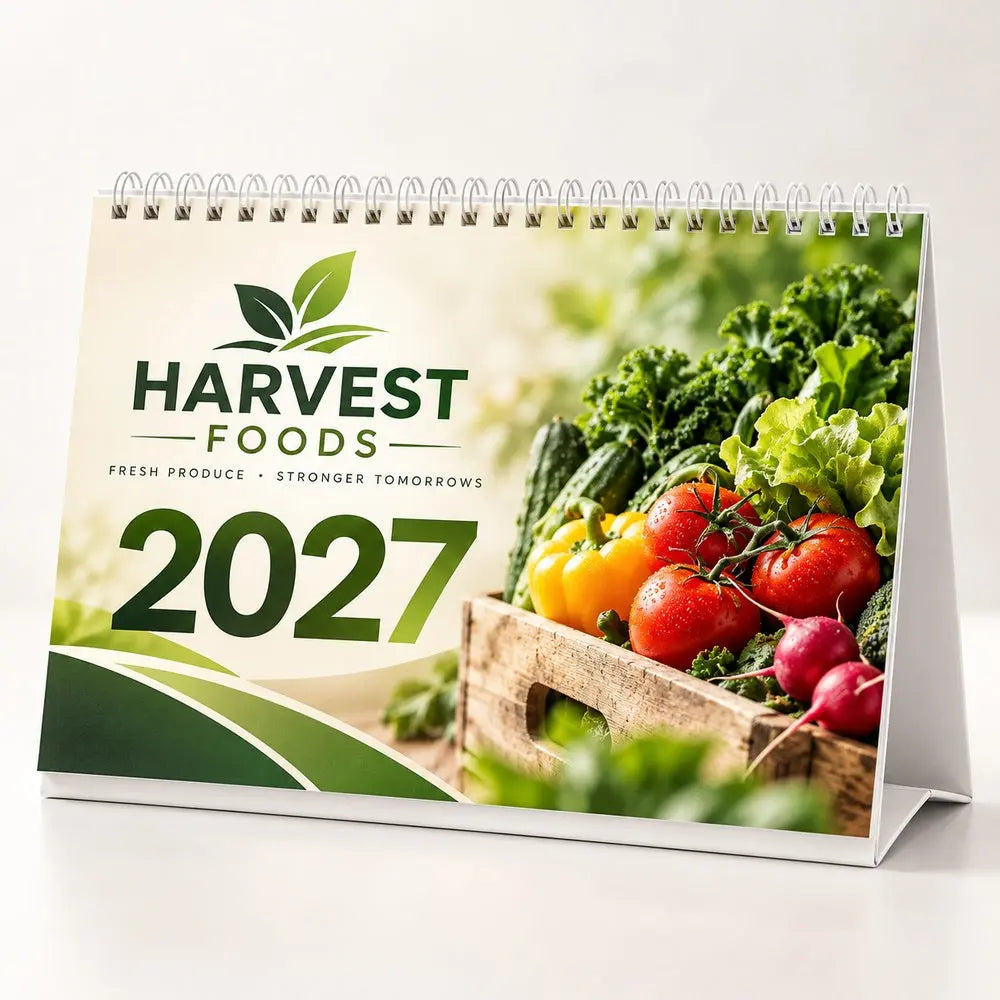 Custom 2027 corporate desk calendar 20.5 x 14.5 cm – food company branding mockup