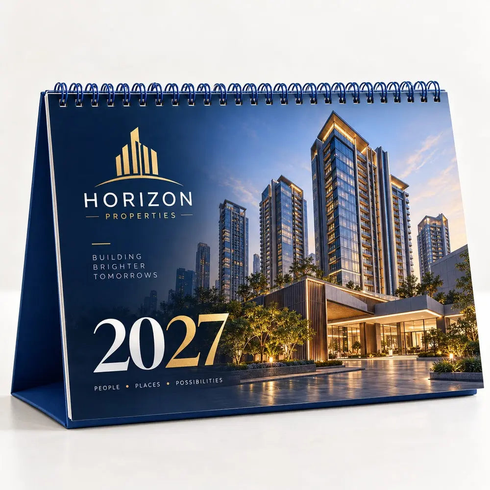 Custom 2027 corporate desk calendar 20.5 x 14.5 cm – real estate branding mockup