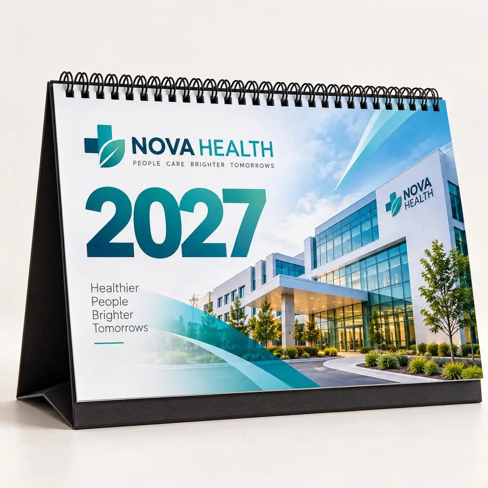 Custom 2027 corporate desk calendar 20.5 x 14.5 cm – healthcare branding mockup