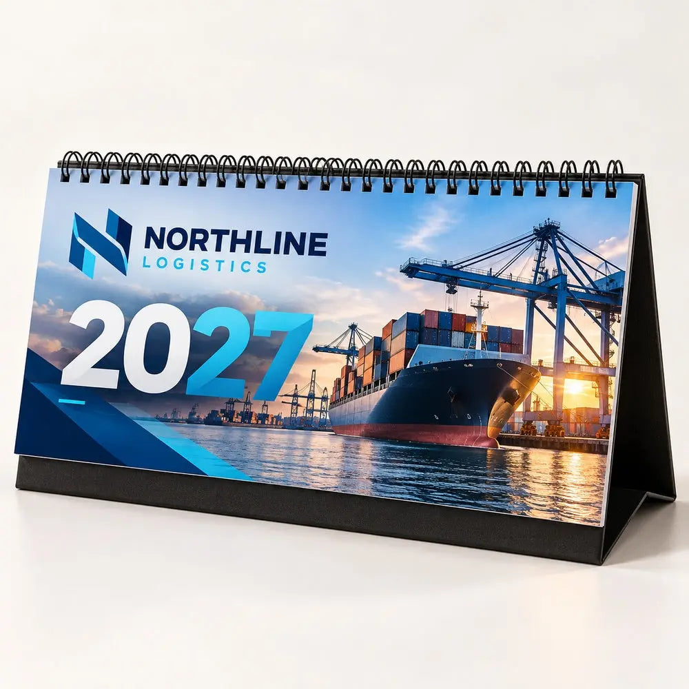 Custom 2027 corporate desk calendar 22 x 10 cm – logistics branding mockup