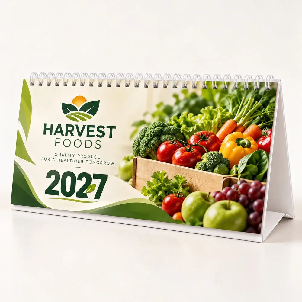 Custom 2027 corporate desk calendar 22 x 10 cm – food company branding mockup