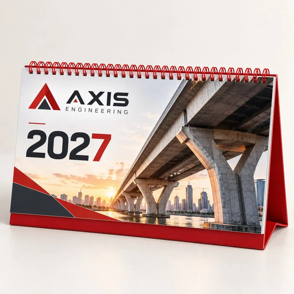 Custom 2027 corporate desk calendar 22 x 10 cm – engineering branding mockup