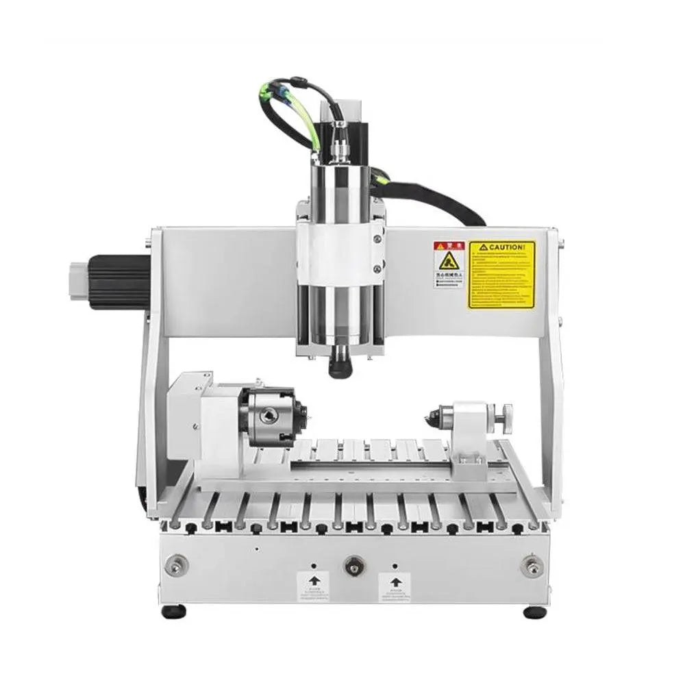 Front view of CNC A3 desktop router with rotary axis, designed for detailed engraving and cutting in compact industrial workspaces.