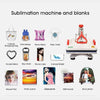 11-in-1 sublimation machine with compatible blanks like t-shirts, tote bags, pillows, phone cases, and photo panels for custom printing.