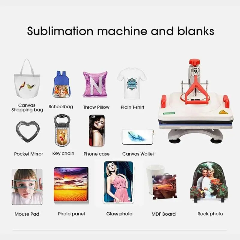 11-in-1 sublimation machine with compatible blanks like t-shirts, tote bags, pillows, phone cases, and photo panels for custom printing.
