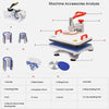 Detailed breakdown of 11-in-1 heat press machine components including heating plates, mug press, and suction cup feet.