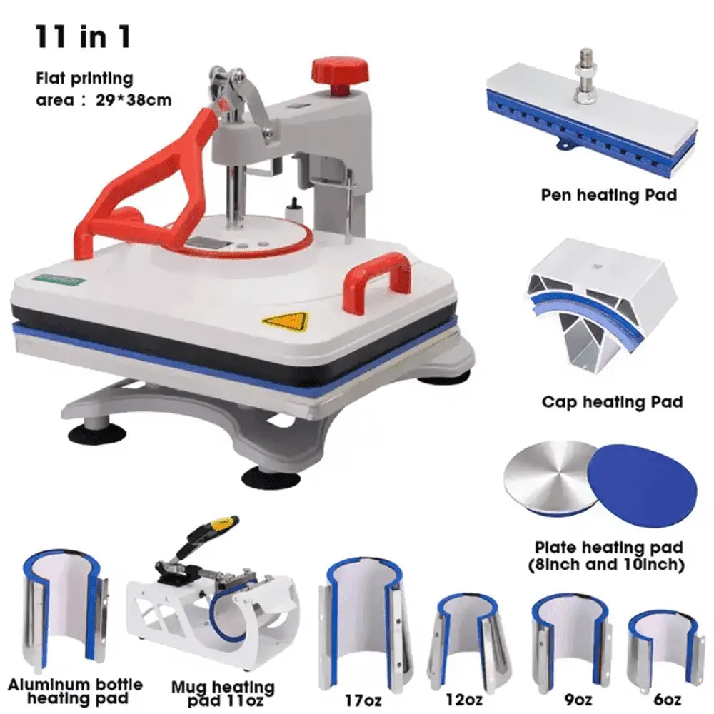11-in-1 heat press machine with multiple attachments including pen, cap, plate, and mug heating pads for versatile sublimation printing.