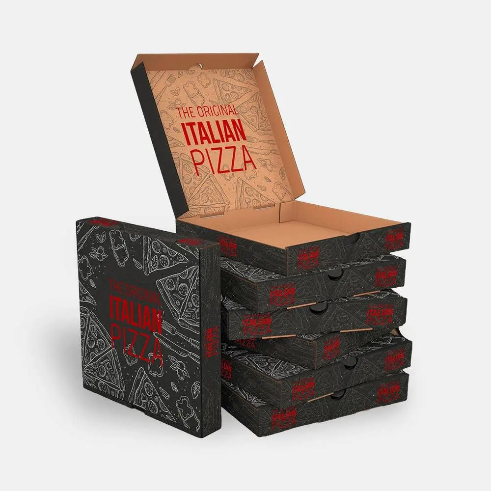Custom pizza boxes with black and red design labeled 'The Original Italian Pizza' stacked for food packaging. Ideal for keeping pizza fresh during delivery.