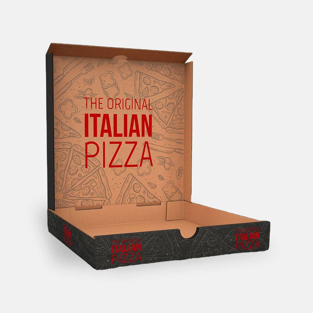 Open custom pizza box with 'The Original Italian Pizza' printed inside, designed for freshness and stylish food storage in the kitchen or for takeout.