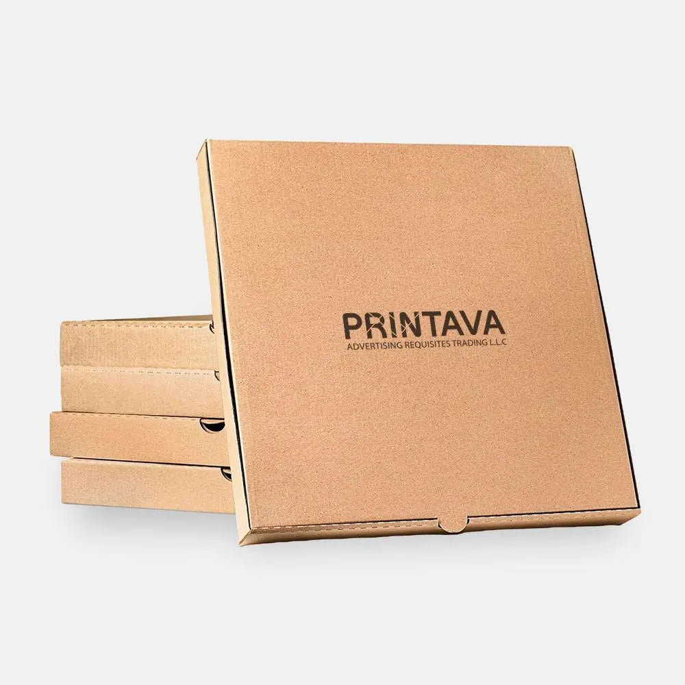 Plain kraft pizza boxes with 'PRINTAVA' branding, perfect for custom food packaging and secure pizza transport in kitchen and dining settings.