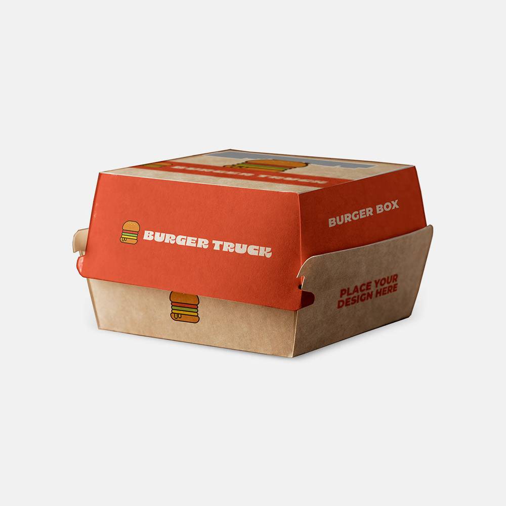 Custom sandwich box with red lid labeled 'Burger Truck' and kraft base, ideal for innovative lunch packaging in food storage containers.