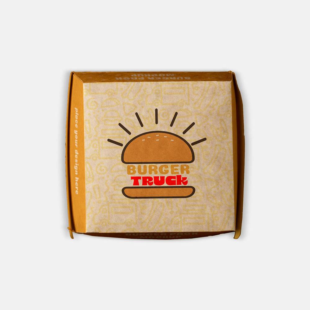Top view of custom sandwich box featuring a burger graphic and 'Burger Truck' branding, perfect for stylish food storage solutions.