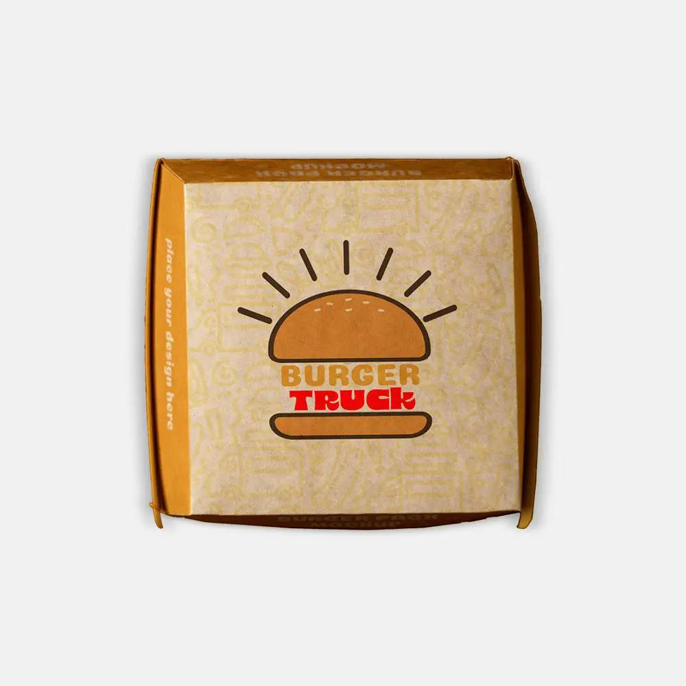 Top view of custom sandwich box featuring a burger graphic and 'Burger Truck' branding, perfect for stylish food storage solutions.