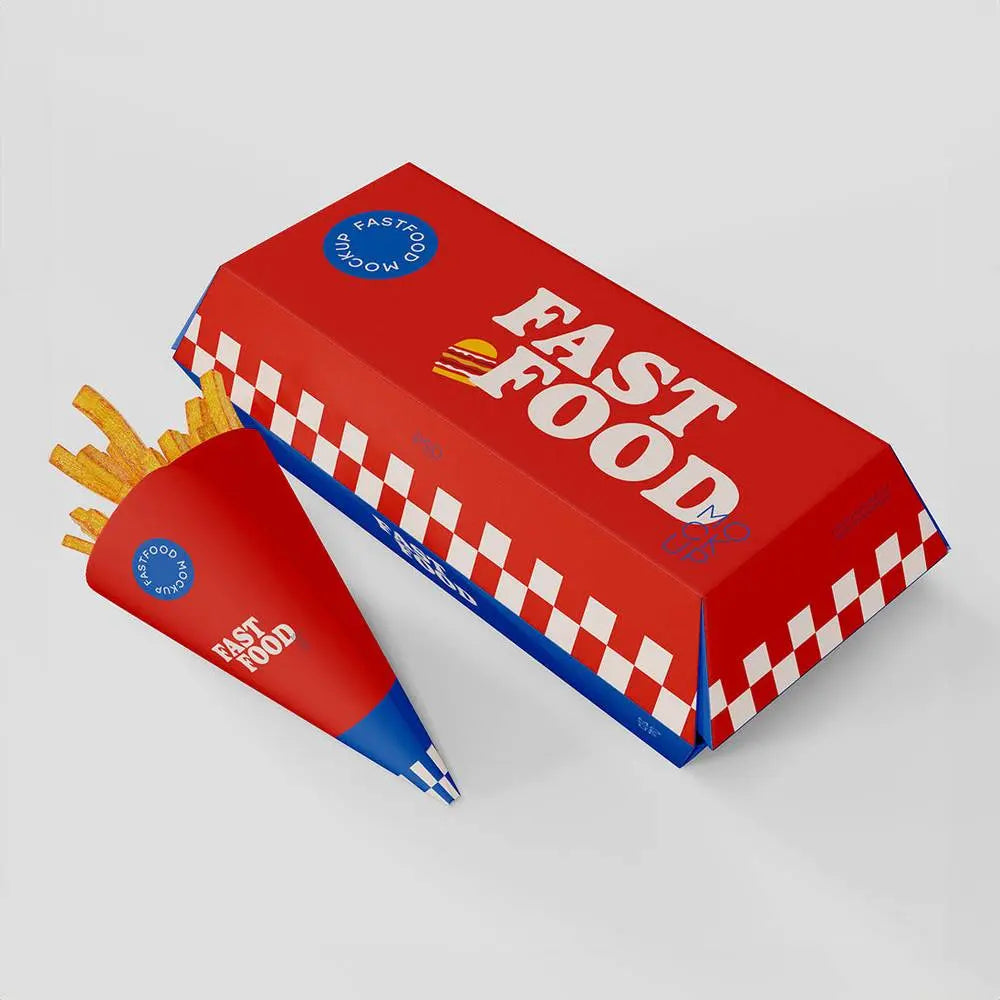 Red and blue fast food packaging set with fries cone and sandwich box labeled 'Fast Food,' designed for modern food storage and takeaway.