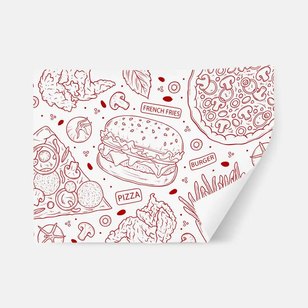 Sandwich Wrapping - Customized Wrapping with red fast food illustrations including burgers, fries, and pizza. Ideal for fresh, secure food packaging.