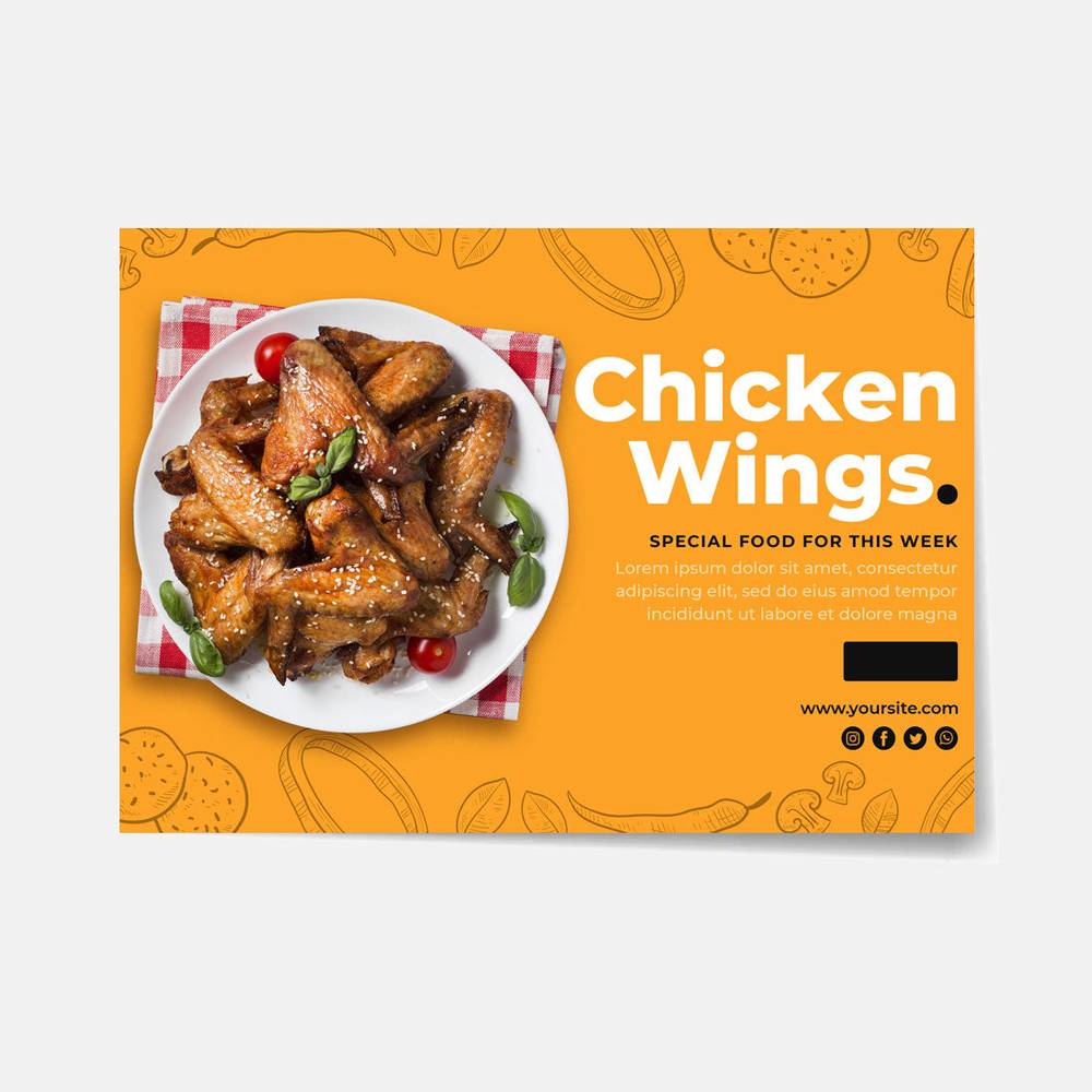 Custom table mat showcasing chicken wings on a white plate with garnish, perfect for stylish dining and surface protection.