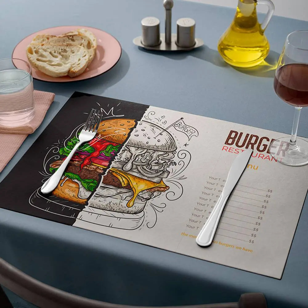 Custom table mat with a split burger illustration and menu layout, combining art and function for stylish meal settings.