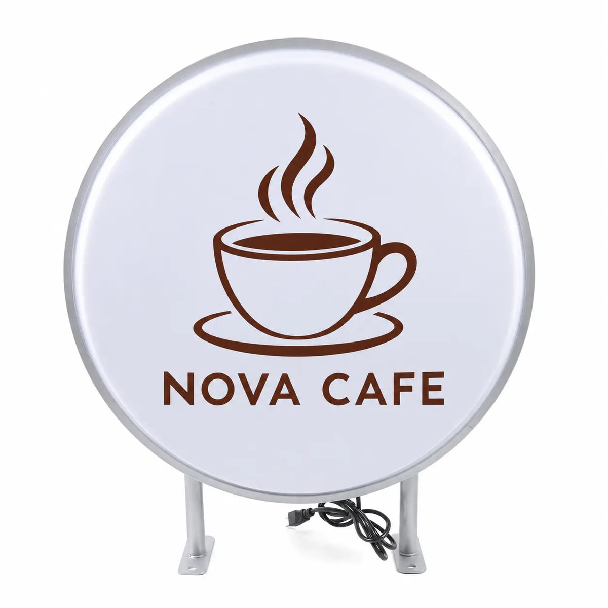 Round LED light box with cafe logo, front view