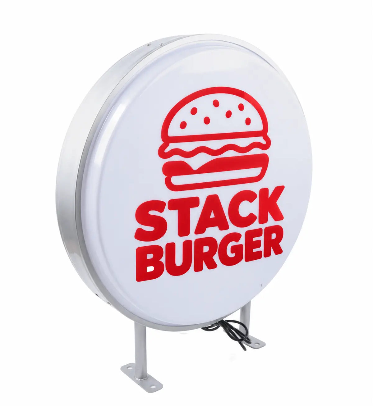 Round LED light box with burger restaurant logo, angled view