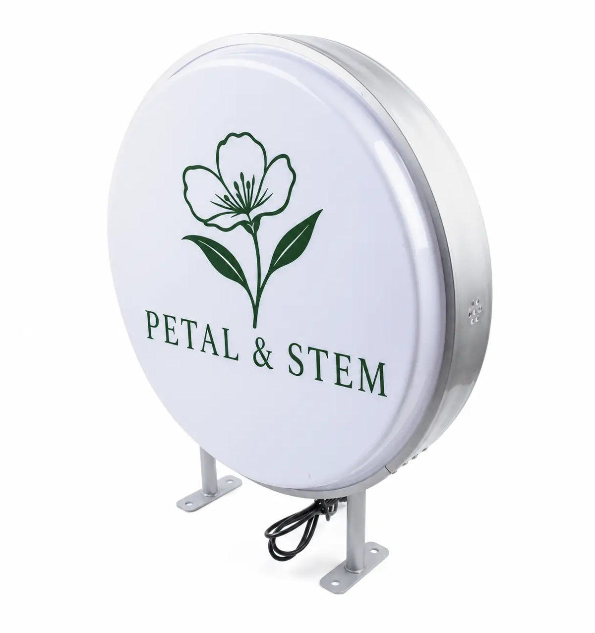 Round LED light box with florist logo, angled view