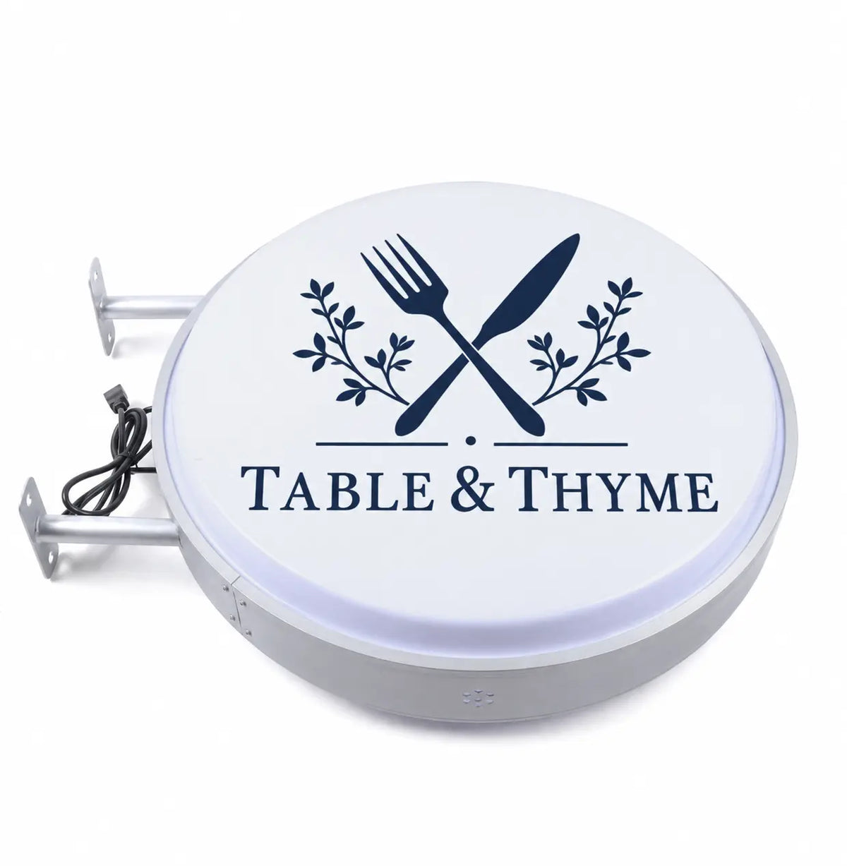 Round LED light box with restaurant logo, mounting brackets visible