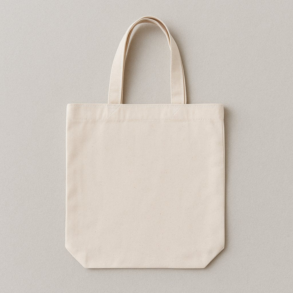 Beige cotton tote bag with short handles on a soft gray background – part of Printava’s eco-friendly promotional bags collection.