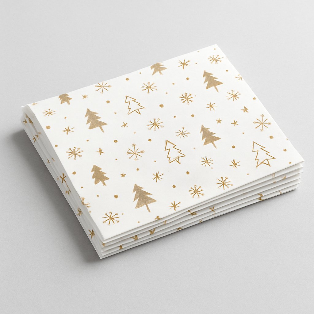 Stack of festive white wrapping paper with gold holiday patterns – part of Printava’s custom printed packaging collection.