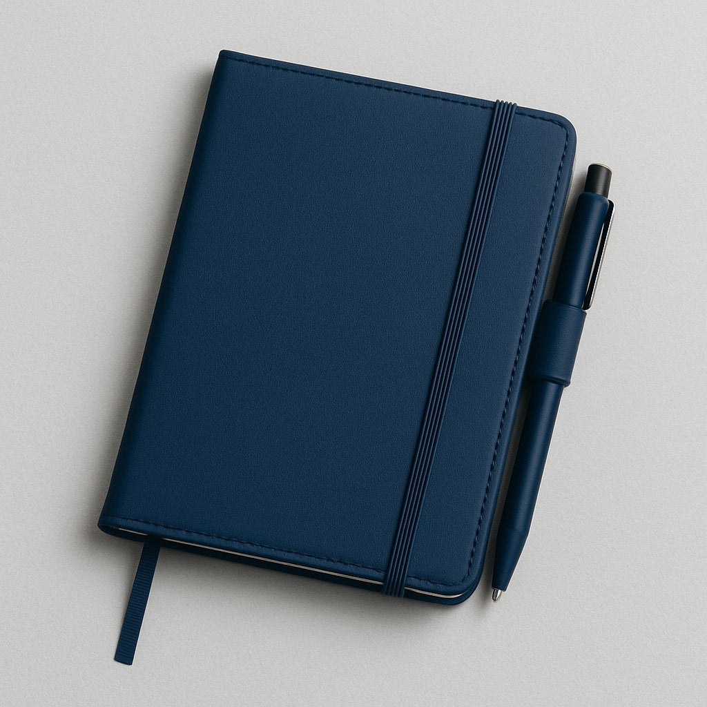 Navy blue leather notebook with elastic band and built-in pen holder – part of Printava’s premium stationery and executive gift collection.