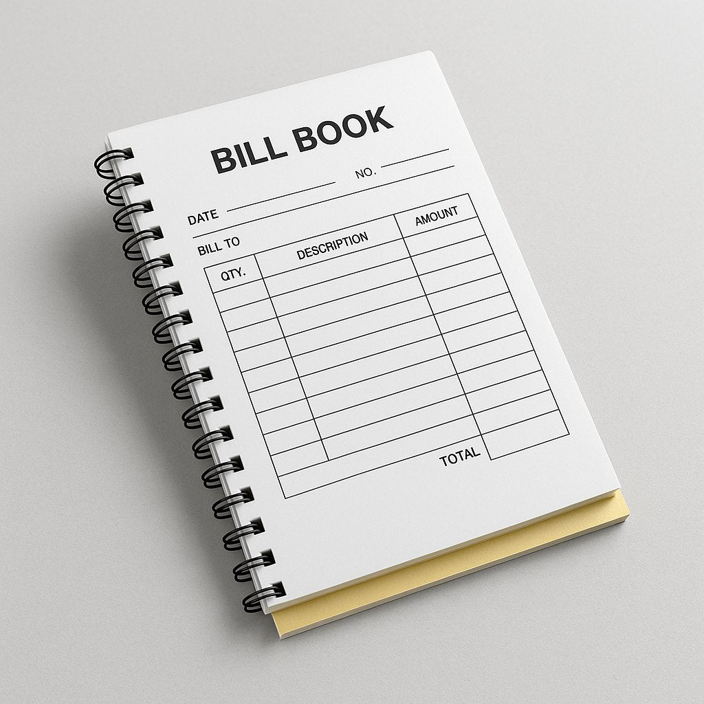 Spiral-bound bill book with pre-printed invoice fields and yellow NCR copy – part of Printava’s custom carbonless forms collection.