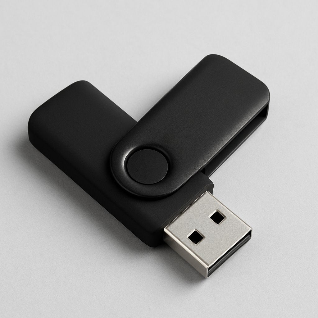 Modern black USB flash drive with swivel cover on a clean gray background – part of Printava’s promotional technology gifts collection.