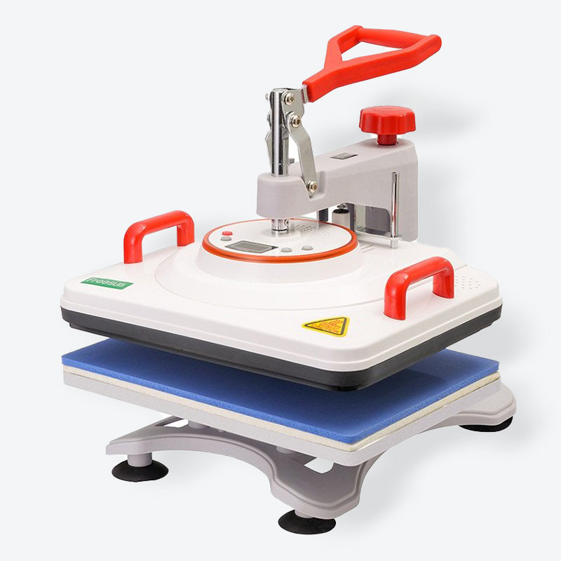 Compact heat press machine with red handles and digital controls – part of Printava’s professional printing equipment collection.